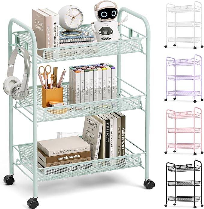 TOOLF 3-Tier Metal Rolling Cart, Mesh Wire Easy Assemble Utility Cart, Storage