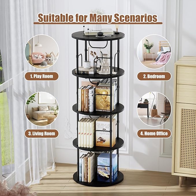 ALLSTAND Rotating Bookshelf, 4 Tier Spinning Bookshelf Tower, 360° Display