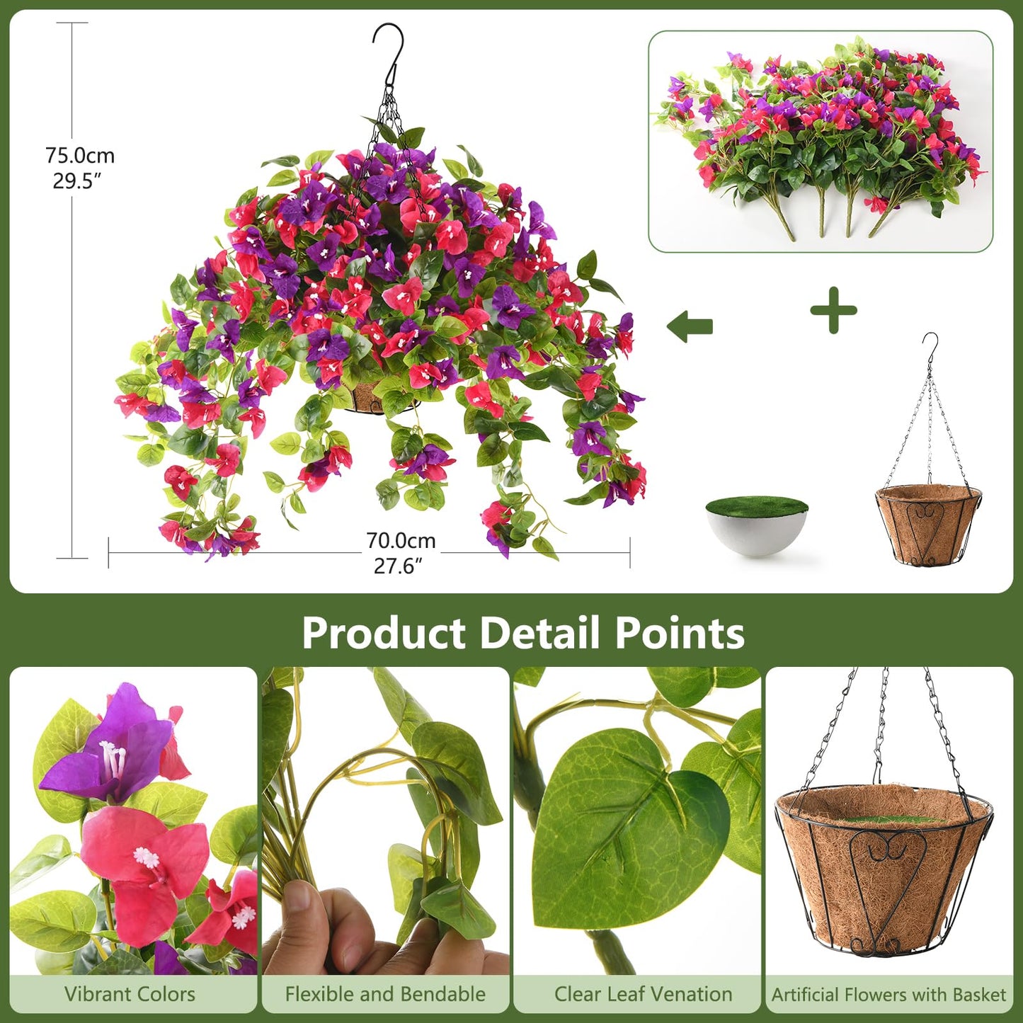 Homsunny Artificial Fake Hanging Flowers Plants Basket for Outdoor Decoration, Faux Silk Flower Bougainvillea Planter Look Real UV Resistant for Home Porch Patio Balcony Yard Spring Decor(Mix Pulple)