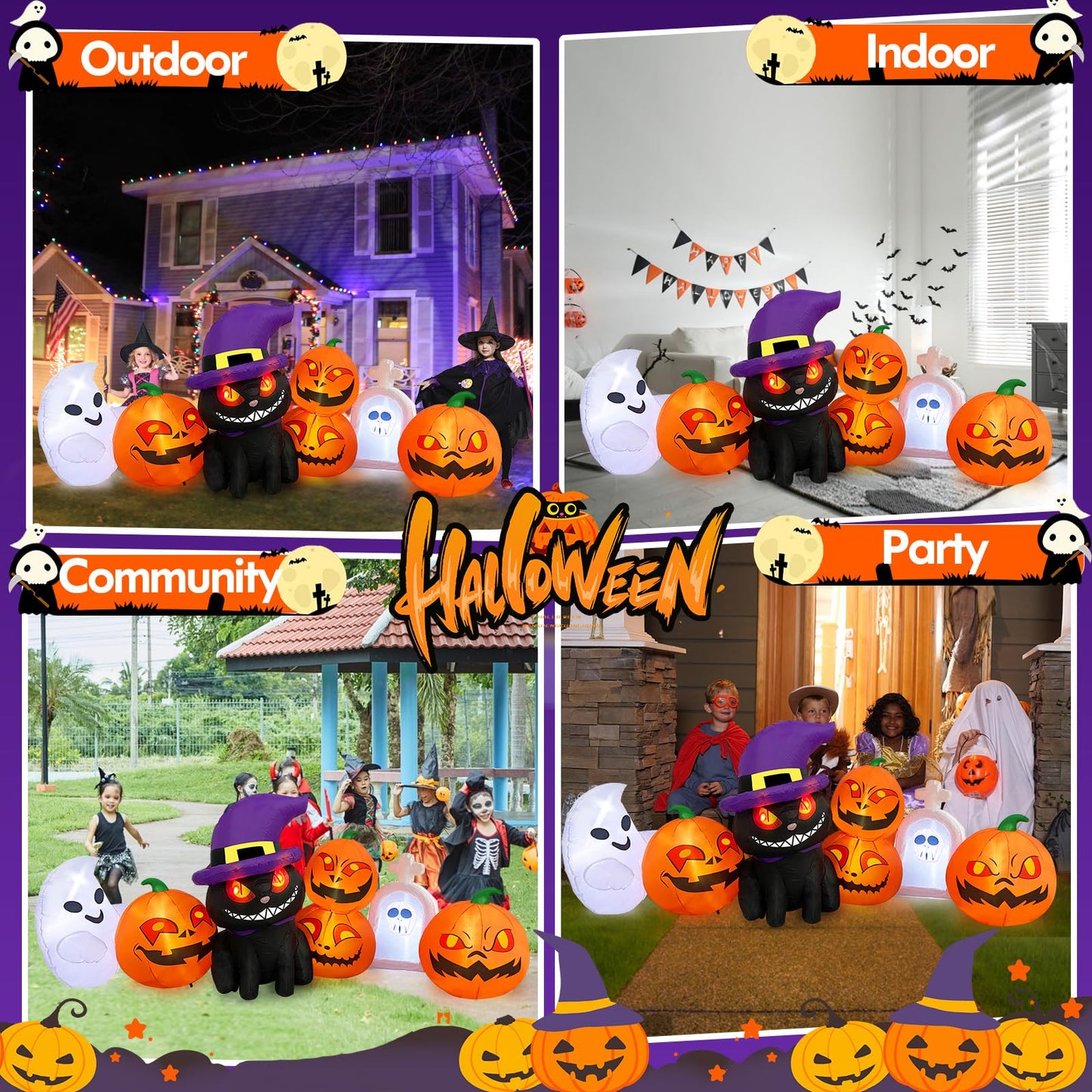 MICOCAH Halloween Inflatables Outdoor Decorations 8 FT Long Funny Pumpkin Black Cat Blow Up Lanterns Built-in LED Lights with Ghost Tombstone Scary Yard Decoration for Holiday Party Outside Lawn