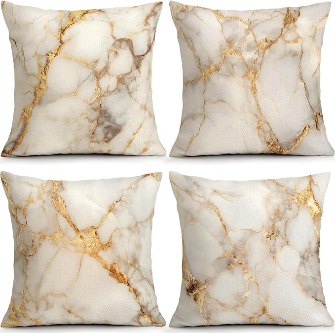 OBSEDE Gold Foil Marble Decorative Throw Pillow Covers 18 × 18 in, Couch