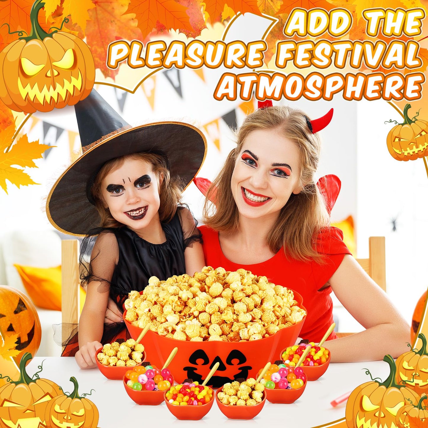 FoldTier 13 Pcs Halloween Candy Bowls Include 6 Ceramic Pumpkins Ramekins 1 Plastic Trick or Treat Bowls 6 Dessert Spoons Pumpkins Dishes Popcorn Serving Bowl for Halloween Party Supplies Popcorn Bar
