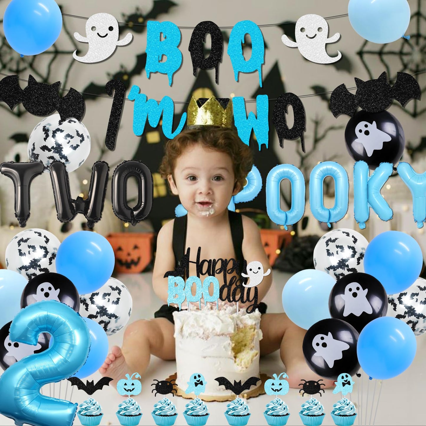 Halloween 2nd Birthday Party Decorations for Boys Blue Two Spooky Birthday Decor Boo I'm Two Banner Happy Boo Day Cake and Cupcake Toppers Ghost Bat Latex Balloon for Boys 2nd Bday Decor Supplies