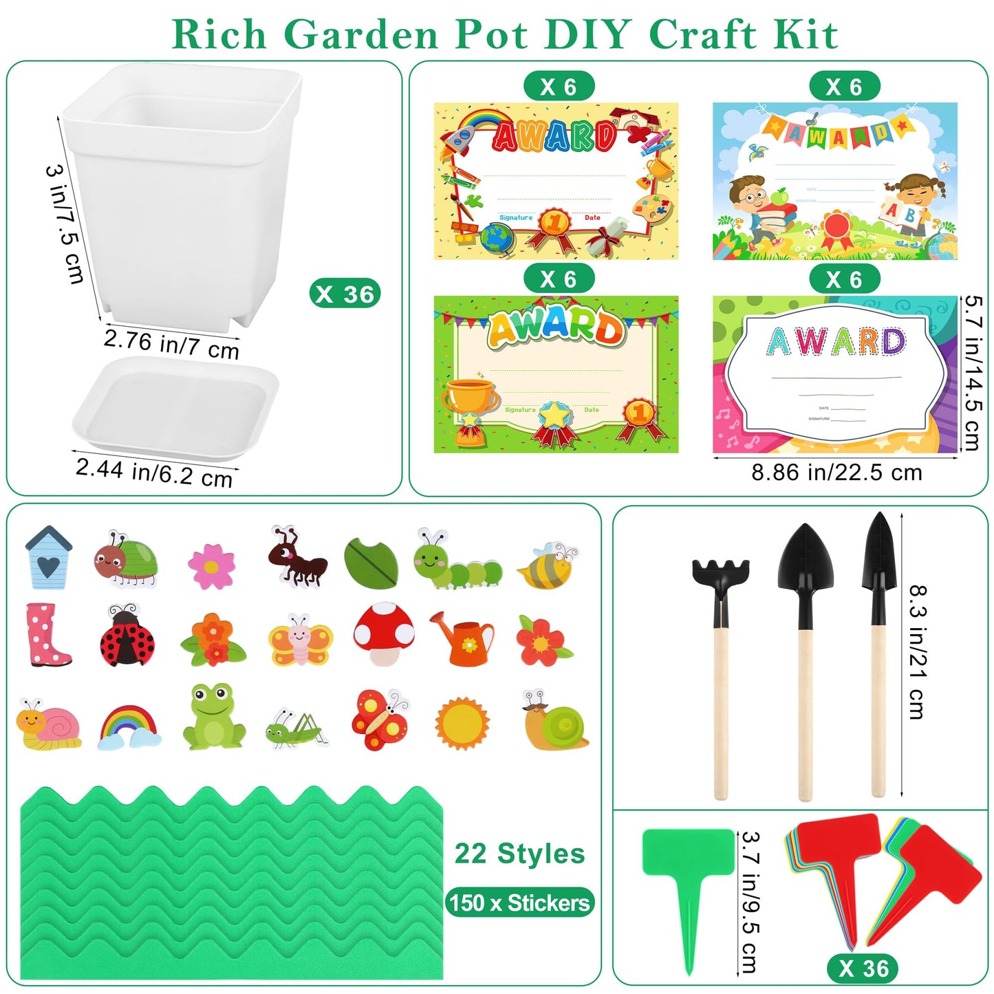 Elcoho 36 Set Garden Plastic Pot Craft Kit Plant Spring Craft Kits Flower Pots with 150 Foam Stickers 36 Labels 24 Certificate of Awards 3 Tools Planting Growing Kit, White