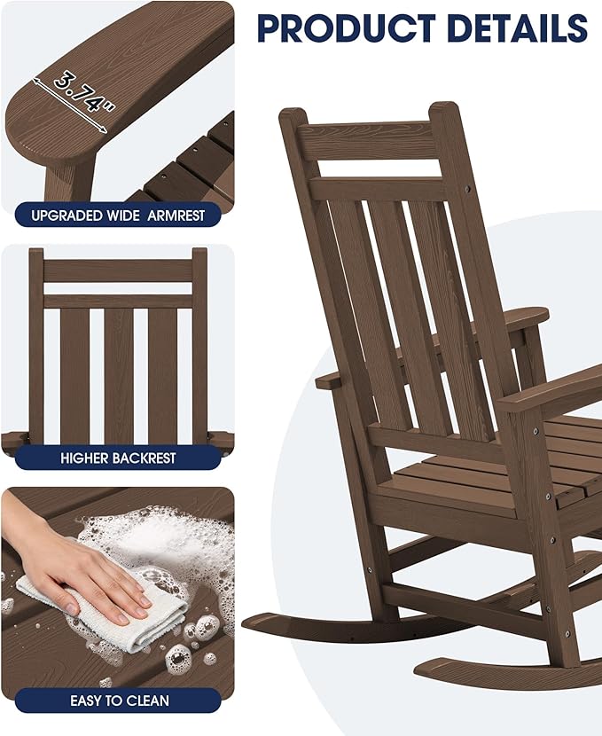 KINGYES Oversized Outdoor Rocking Chair, All-Weather Patio Rocking Chairs