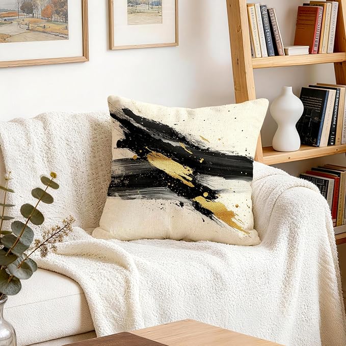 OBSEDE Abstract Black Gold Ink Brush Strokes Throw Pillow Covers 18 × 18 in
