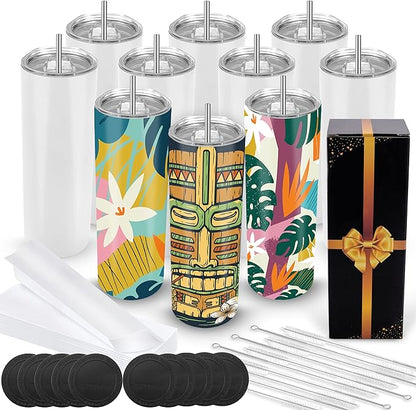 Joyclub Sublimation Tumblers Blanks 20 oz 10 Pack Skinny Straight Tumblers Bulk Stainless Steel Insulated Sublimation Cups with Lid and Straw, Gift Box