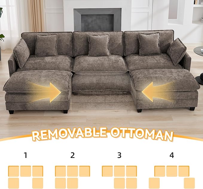 111'' Sectional Cloud Deep Seat Couch, Oversized Chenille U Shaped Sectional