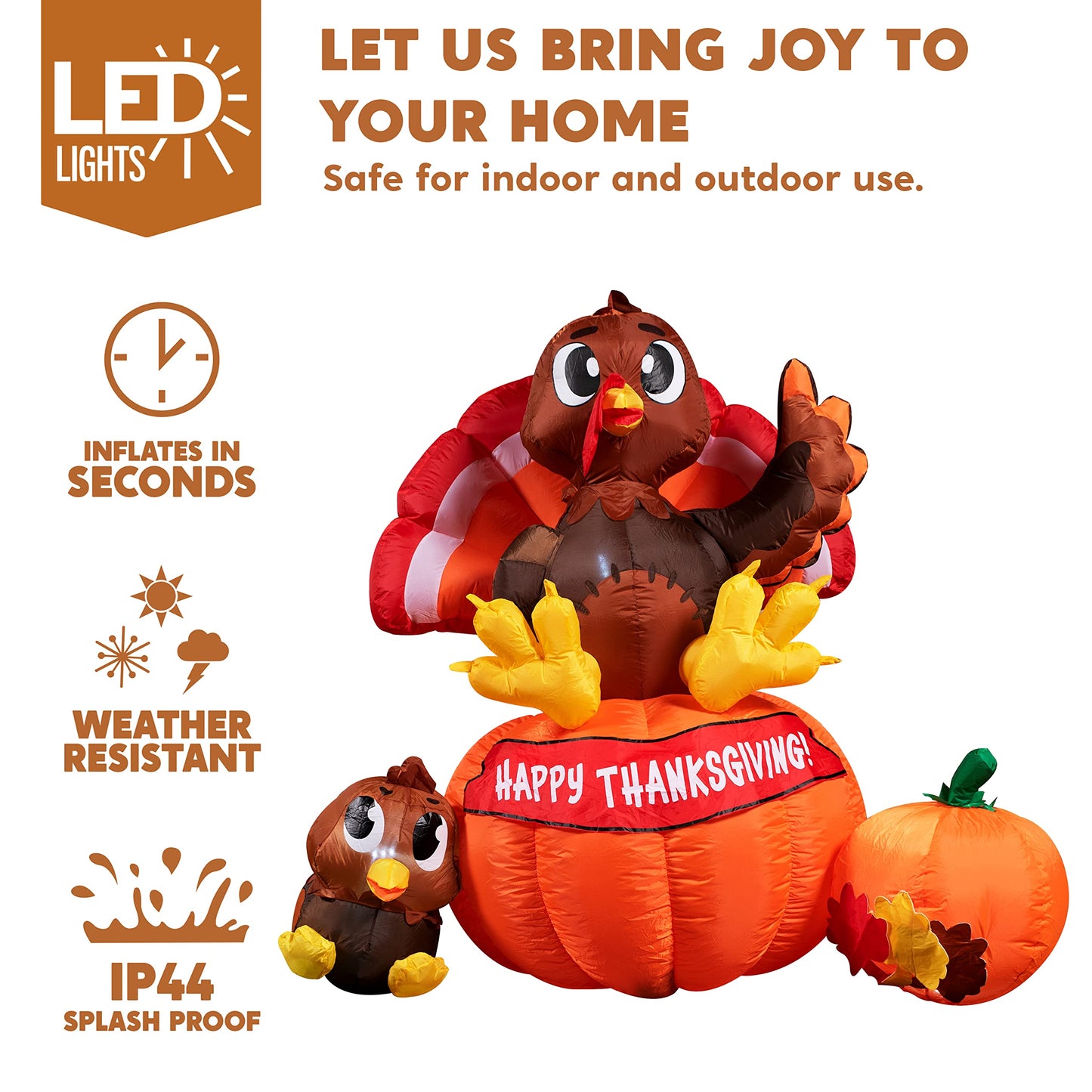 Joiedomi 6 ft Thanksgiving Inflatable Turkey on Pumpkin Decoration, LED Light Up Blow Up Turkey for Autumn Thanksgiving Family Party Décor, Halloween Inflatable for Yard Garden