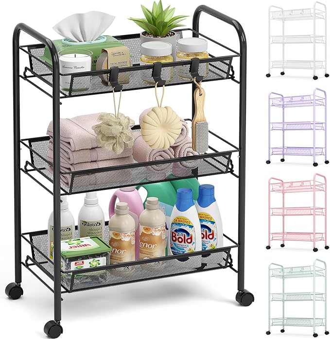 TOOLF 3-Tier Metal Rolling Cart, Mesh Wire Easy Assemble Utility Cart, Storage