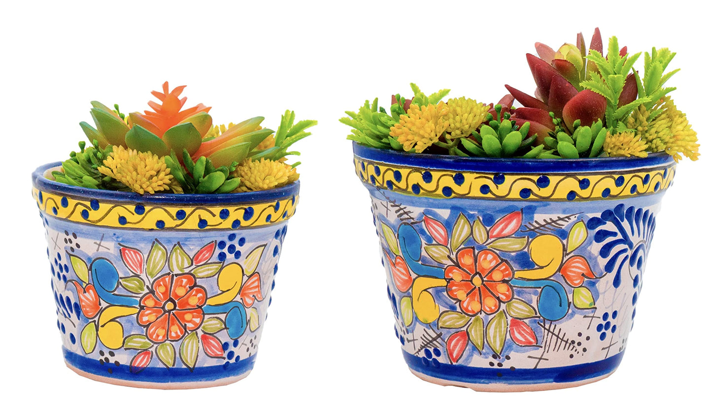 Fiesta Brands Talavera Mexican Pottery Planters Cobalt YellowTalavera Succulent Planter Set of 2 (6 in Diam x 4.5 in Tall and 5 in Diam x 4 in Tall)(Cobalt Yellow M)