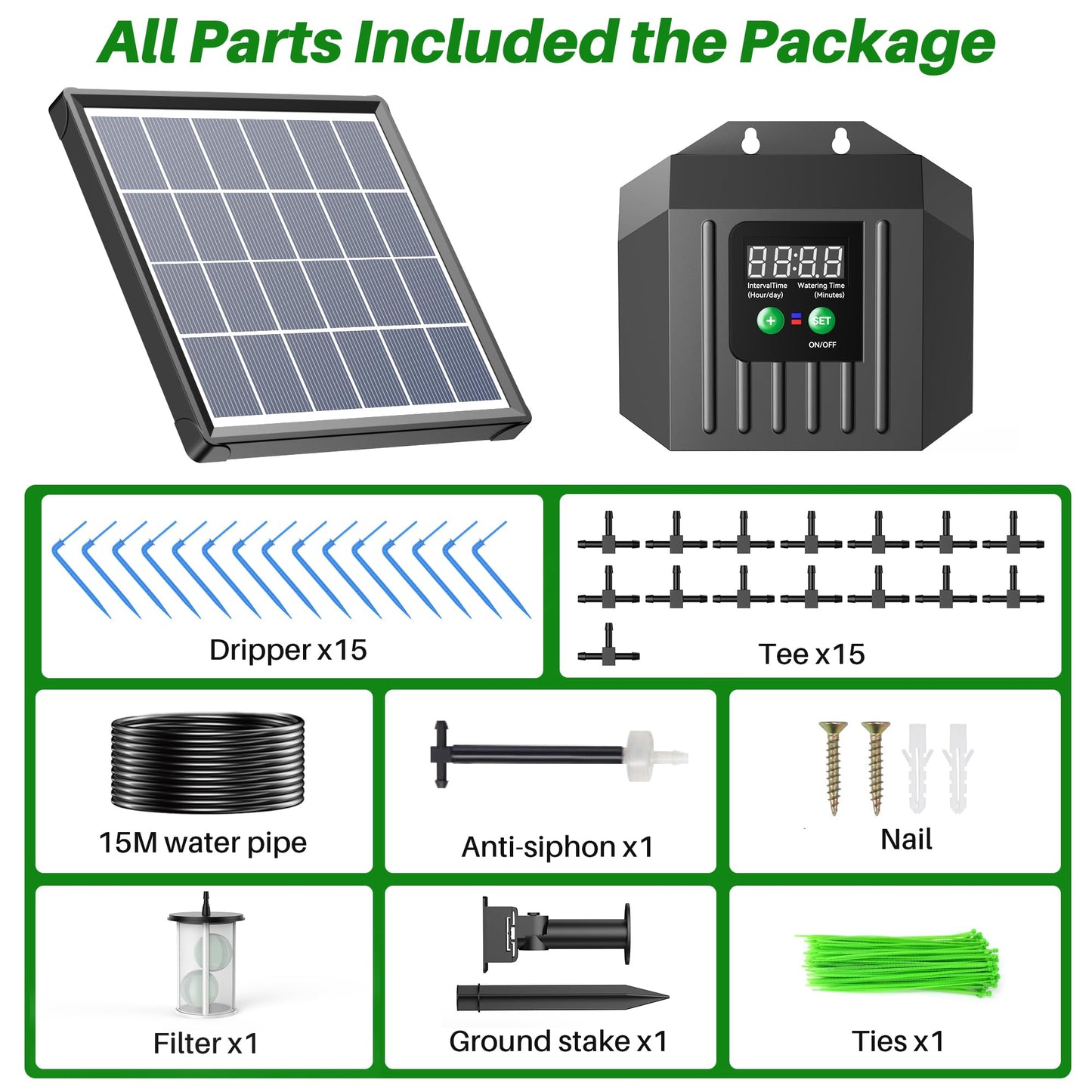 Biling 3W Solar Powered Drip Irrigation System, Digital Programmable Automatic Watering Kit with 2200mAh Battery for 15 Potted Plants, Indoor/Outdoor Use for Garden, Patio, Greenhouse