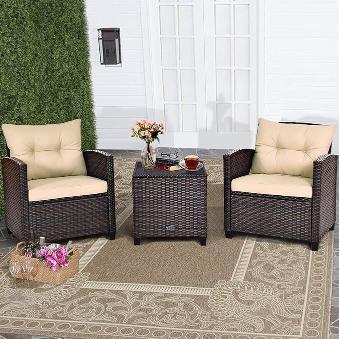 COSTWAY 3PCS Patio Furniture Set, PE Rattan Wicker Sofa w/Washable Cushion and