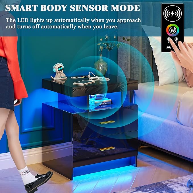 WOOVIVS Night Stand with Light, High Gloss Nightstand with USB/Wireless