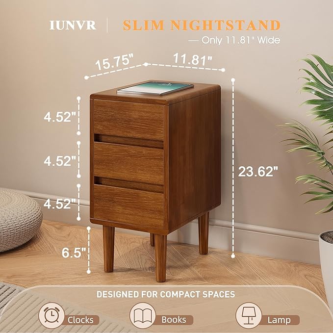 Nightstand with 3 Drawers Narrow Night Stand Solid Wood Bedside Table Mid