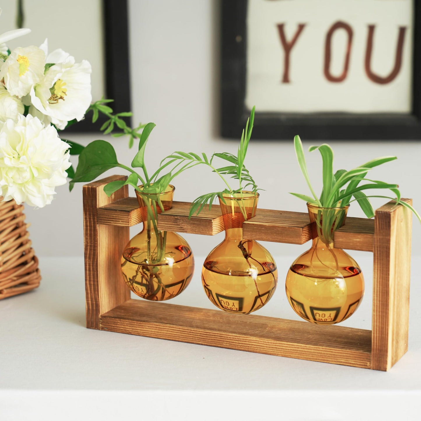 Kingbuy Plant Terrarium with Wooden Stand, Glass Planter Desktop Propagation 3 Bulb Vase Metal Holder Retro Rack for Hydropoincs Plants Home Office Decor, Brown