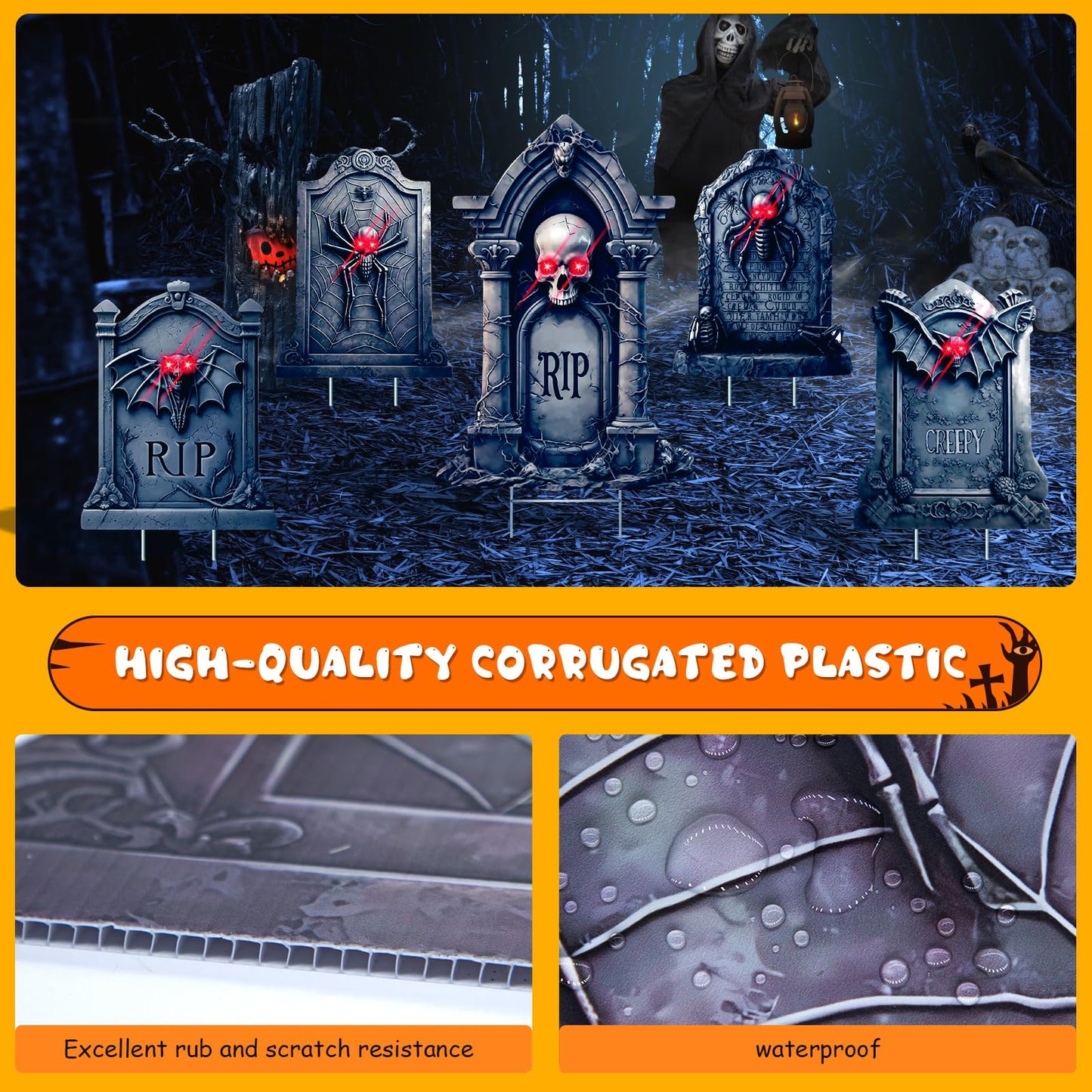 5 Pack Tombstone Halloween Decorations Plastic Yard Signs with Stakes,Graves Halloween Decorations Outdoor, Scary Gravestone Decorations with Glow in Dark Eyes for Outdoor Yard Lawn Garden Waterproof