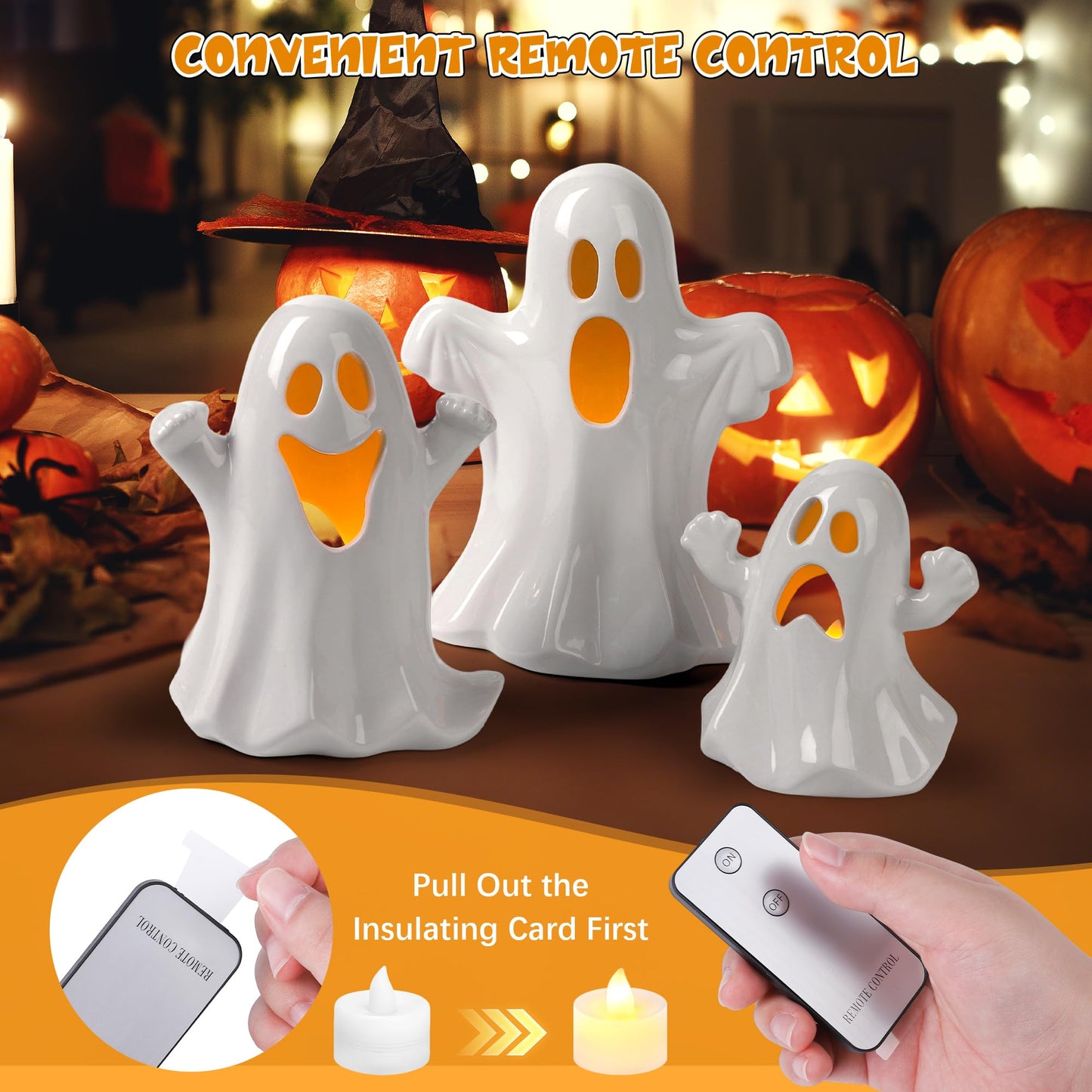 Aneco Ceramic Ghost Light Up Decor Halloween Ghost Decor 3 Ceramic Ghosts Figurines with Remote Control, 3 Tea Lights Spooky Ghosts Sculpture for Halloween Home Table Decorations