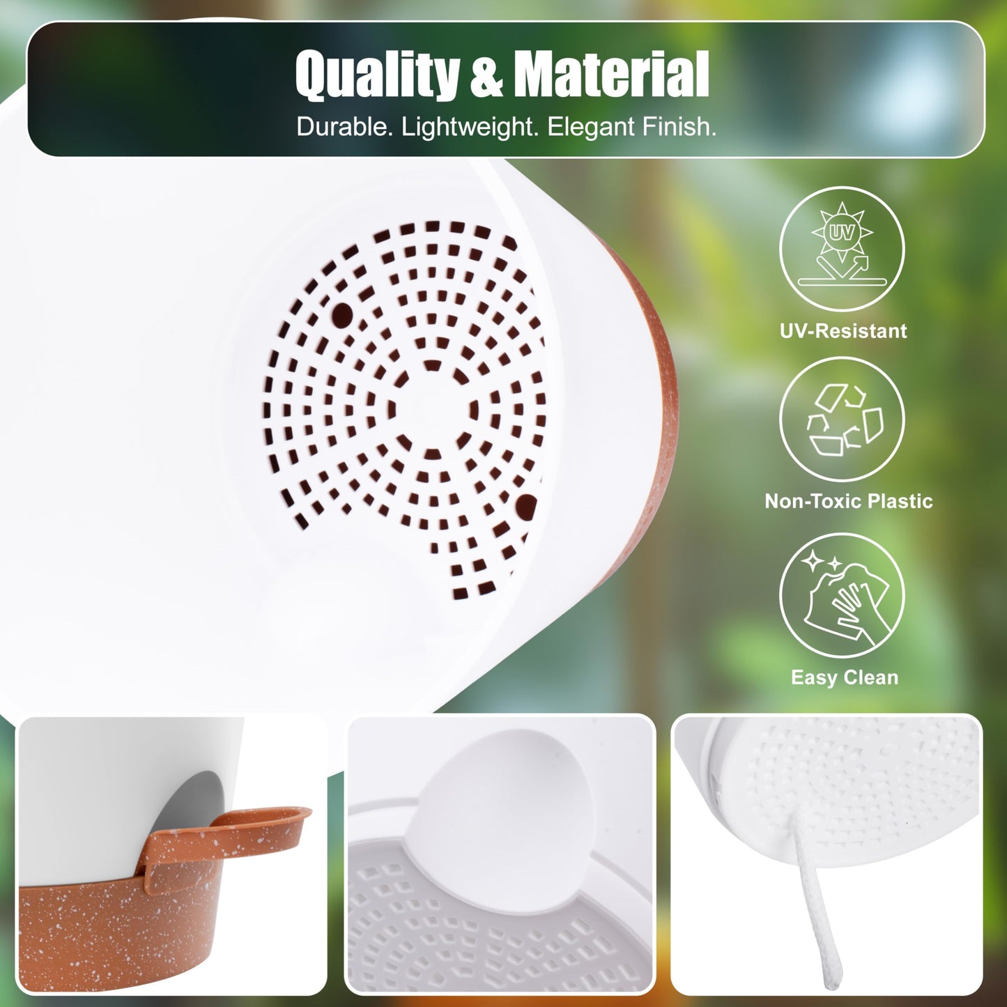 Self-Watering Plant Pots Set of 5 - 7", 6.5", 6.02", 5.55", 5.08" Draining Pots for Indoor and Outdoor plants with Drainage Holes, Soil Moisture Indicator & Saucer Reservoir - Modern White Design