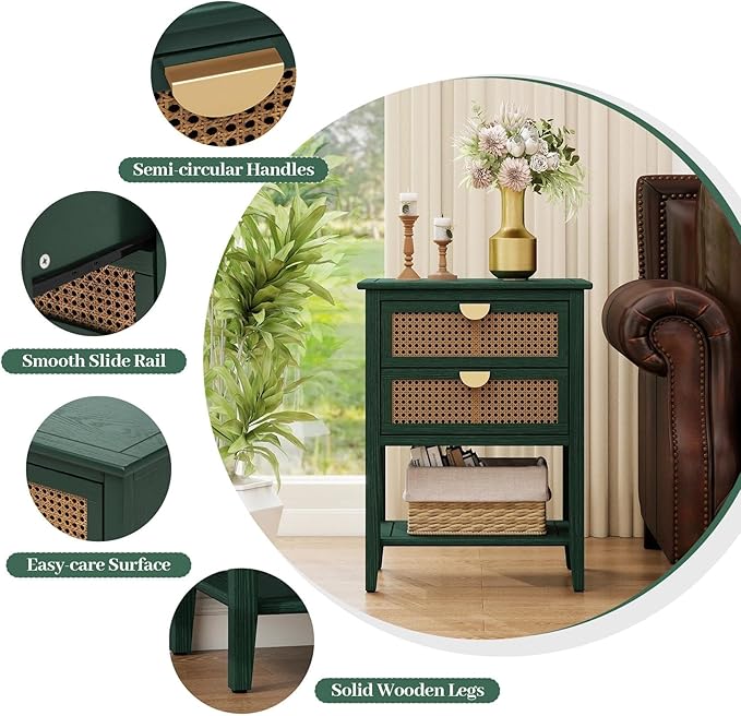 22" Green Coffee Side Tables, Boho Accent Storage Cabinets