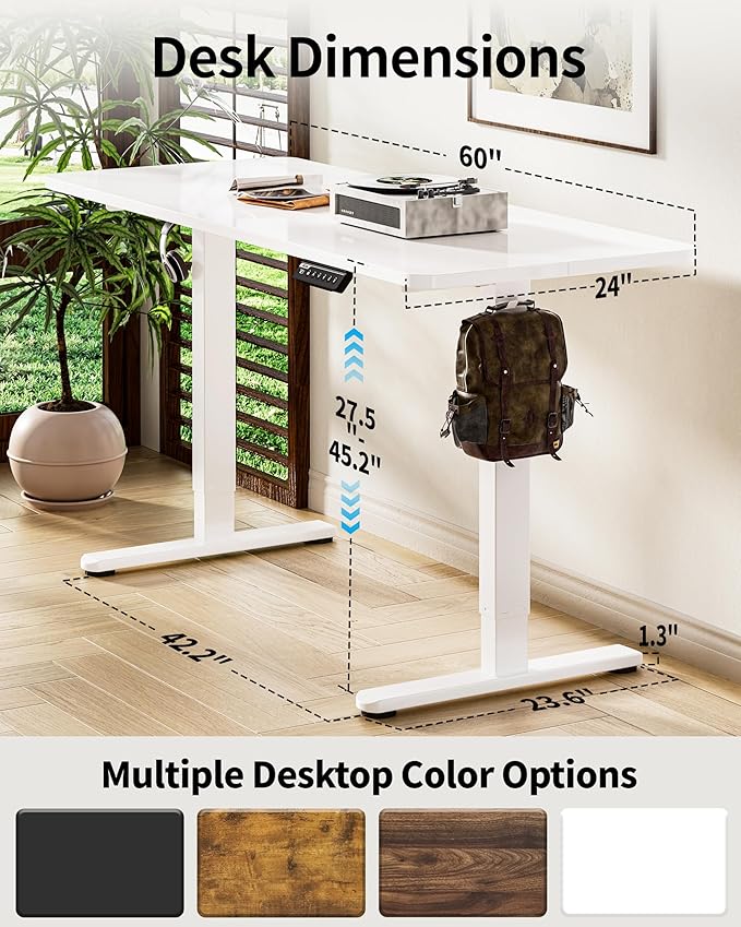 BIZUM Electric Standing Desk 60 x 24 Inch Computer Desk-Gaming Desk White Home