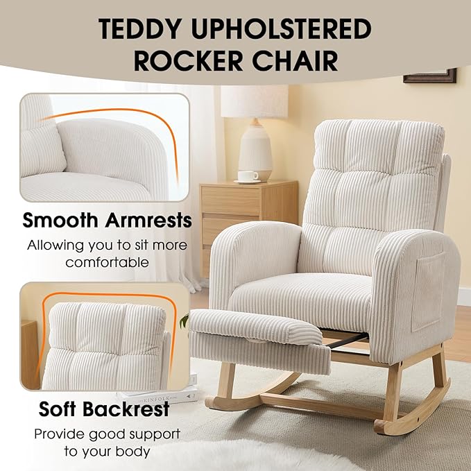NIOIIKIT Nursery Rocking Chair, Corduroy Upholstered Rocking Chair