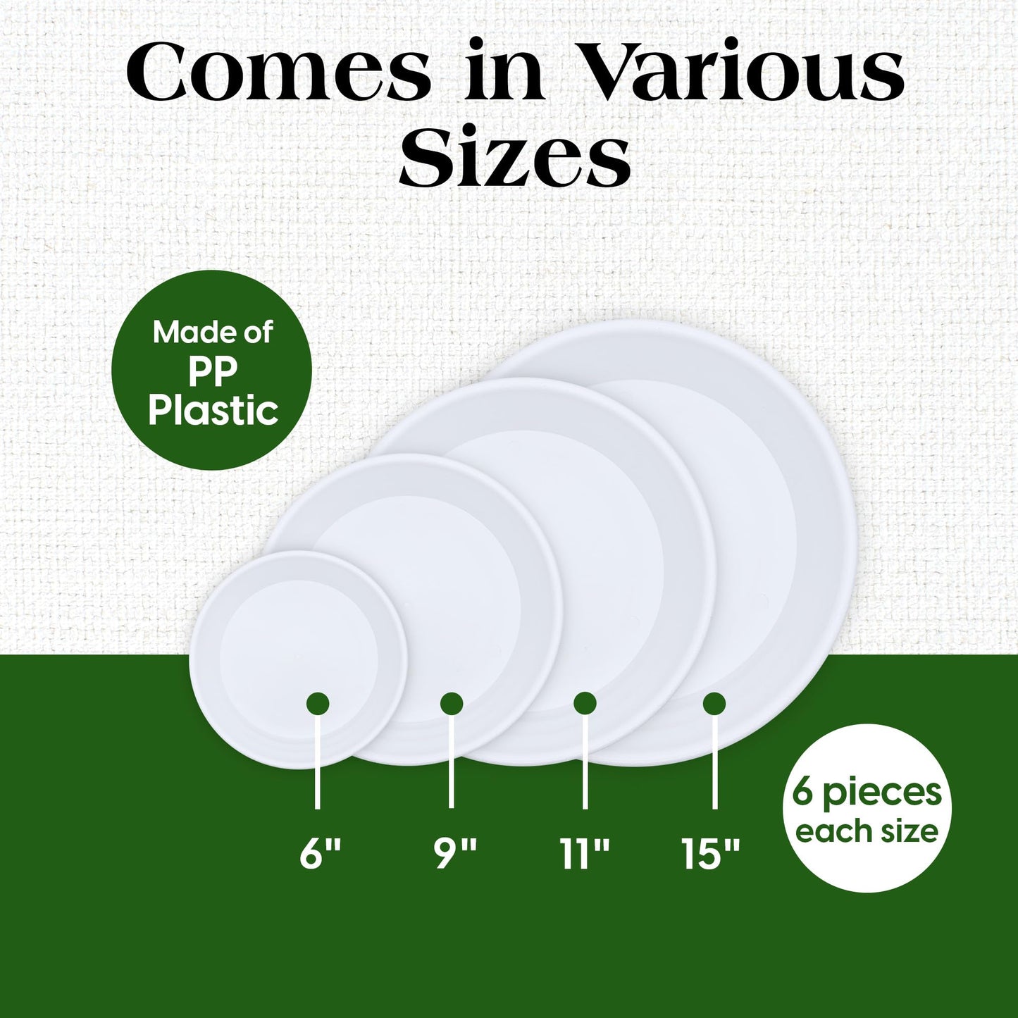 SLS SUPPLY FLORA - Durable Plant Saucers, Mix Sizes Pack of 12, Flower Plant Pot Saucer, Stylish Plant Tray Saucers for Indoors and Outdoors, Made of Thick and Strong Plastic - White