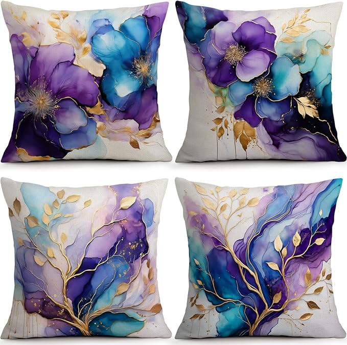 OBSEDE Decorative Throw Pillow Covers Set of 4, 18x18 Inch Purple and Blue
