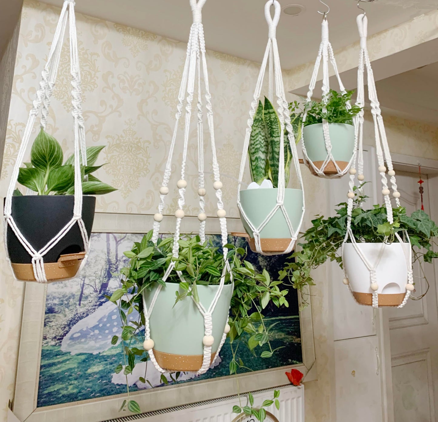 BLEAFLUV Hanging Planters with Macrame Plant Hangers for Indoor Outdoor Plants, 3 Set Hanging Baskets Flower Pots Holders 35''/27''/21'', Self-Watering Pots 7''/6''/5.5'', Boho Home Decor, Green
