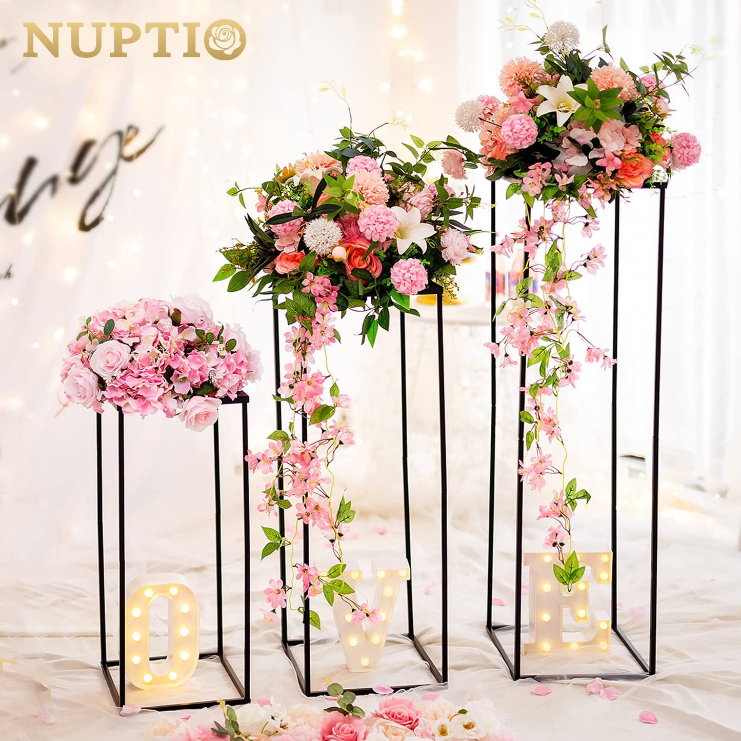Nuptio Black Vase for Wedding Centrepieces: 3 Pcs Tall Plant Stand Flower Vases Large Metal Display Table Column Rack Geometric Centre Pieces for Home Birthday Party Decorations(23.6/31.5/39.4in)