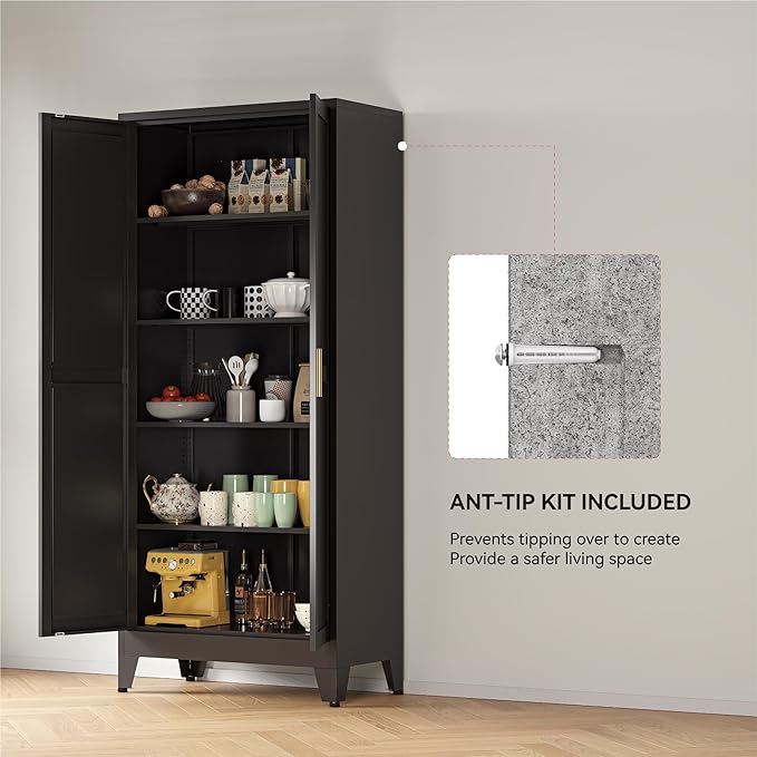 YAUWOH 71''Metal Cabinet with 4 Adjustable Shelves, 5-Tier Pantry Storage