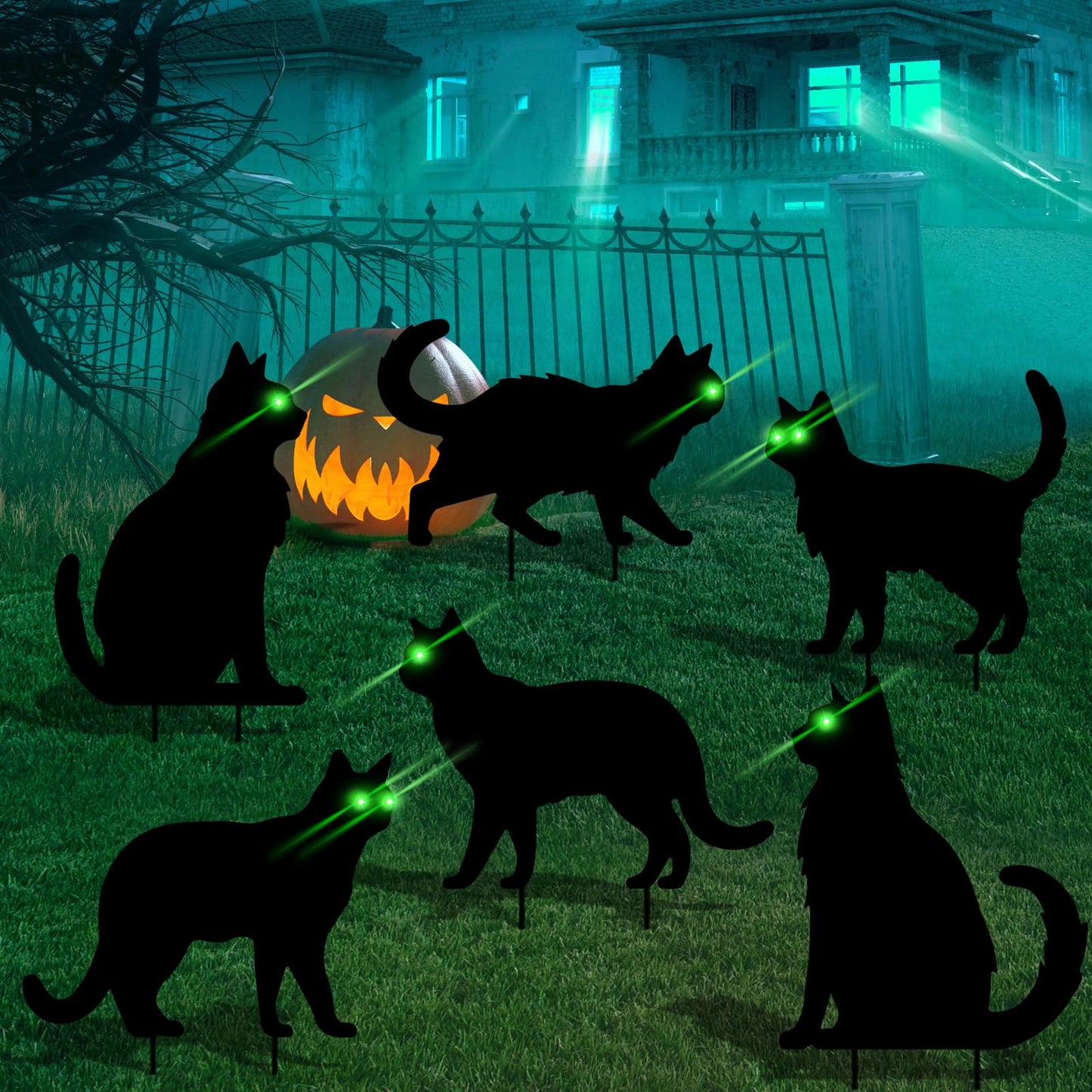 sewrung 6 Pcs Black Cat Halloween Decorations Plastic Yard Signs with Stakes,Halloween Decorations Outdoor, Scary Silhouette with Glow in Dark Eyes for Outdoor Yard Lawn Garden Halloween Décor