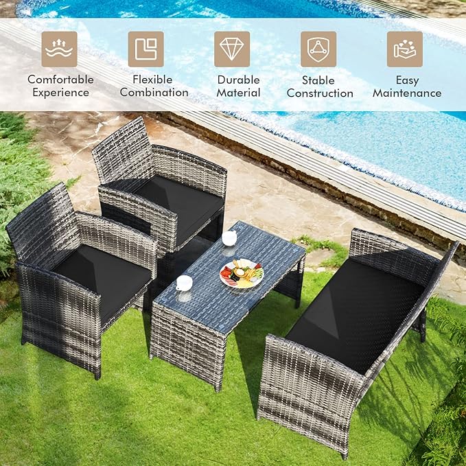 Goplus 4-Piece Rattan Patio Furniture Set, Outdoor Wicker Conversation Sofa