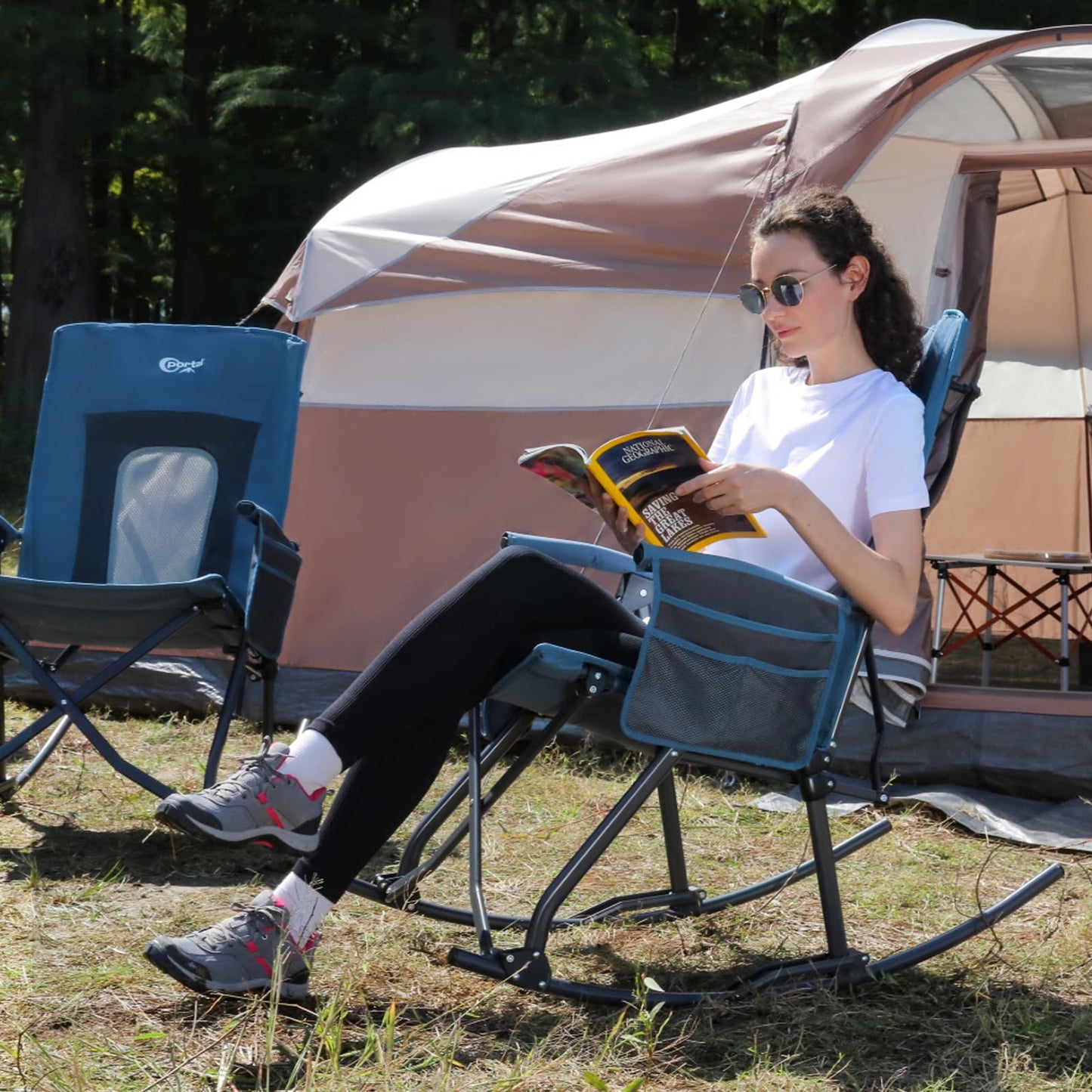 PORTAL Oversized Folding Rocking Camping Chair Portable Outdoor Rocker with High Back Hard Armrests Carry Bag, Supports 400 lbs, Mesh Back, Blue