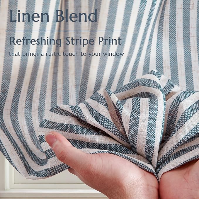 jinchan Striped Linen Kitchen Curtains 45 Inches Length Tier Curtains Farmhouse Modern Cafe Style Small Window Treatments Airy Light Filtering Rod Pocket for Living Room Bathroom 2 Panels Blue