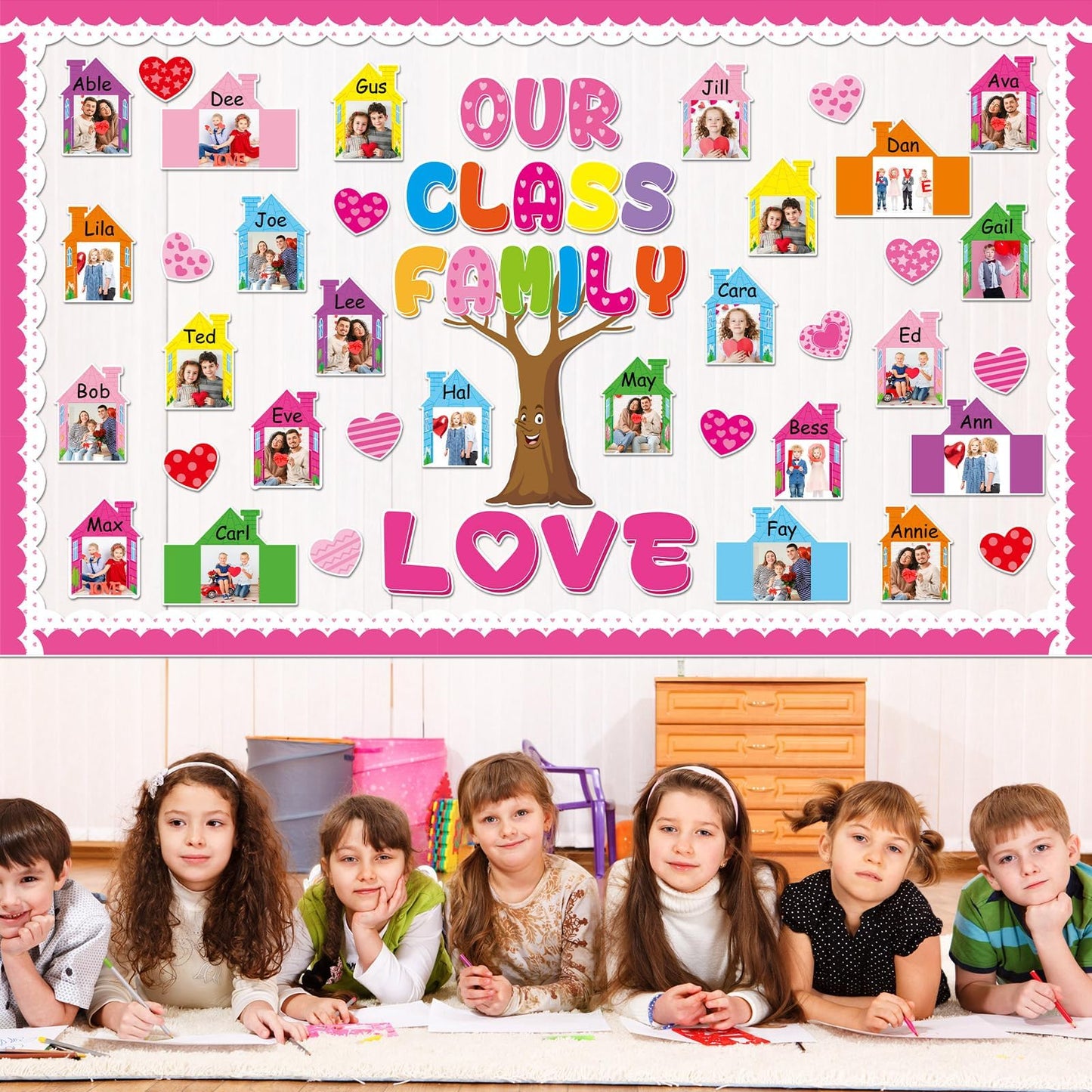 Back to School Bulletin Board Set Our Class is a Family Classroom Decoration with 3D Photo Frame House Pink Paper Cutouts Family Tree Bulletin Board for Home Office School Classroom Wall Decor