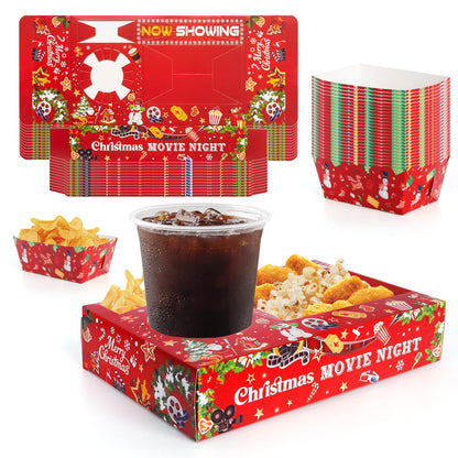 48 Pcs Christmas Party Supplies Movie Night Paper Snack Trays Xmas Party Decorations Christmas Birthday Favors Snowman Family Movie Popcorn&Drink&Candy Box