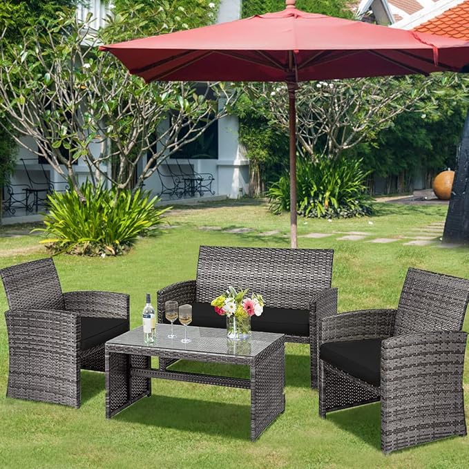 Tangkula 4 PCS Wicker Patio Conversation Set, Outdoor Rattan Sofas