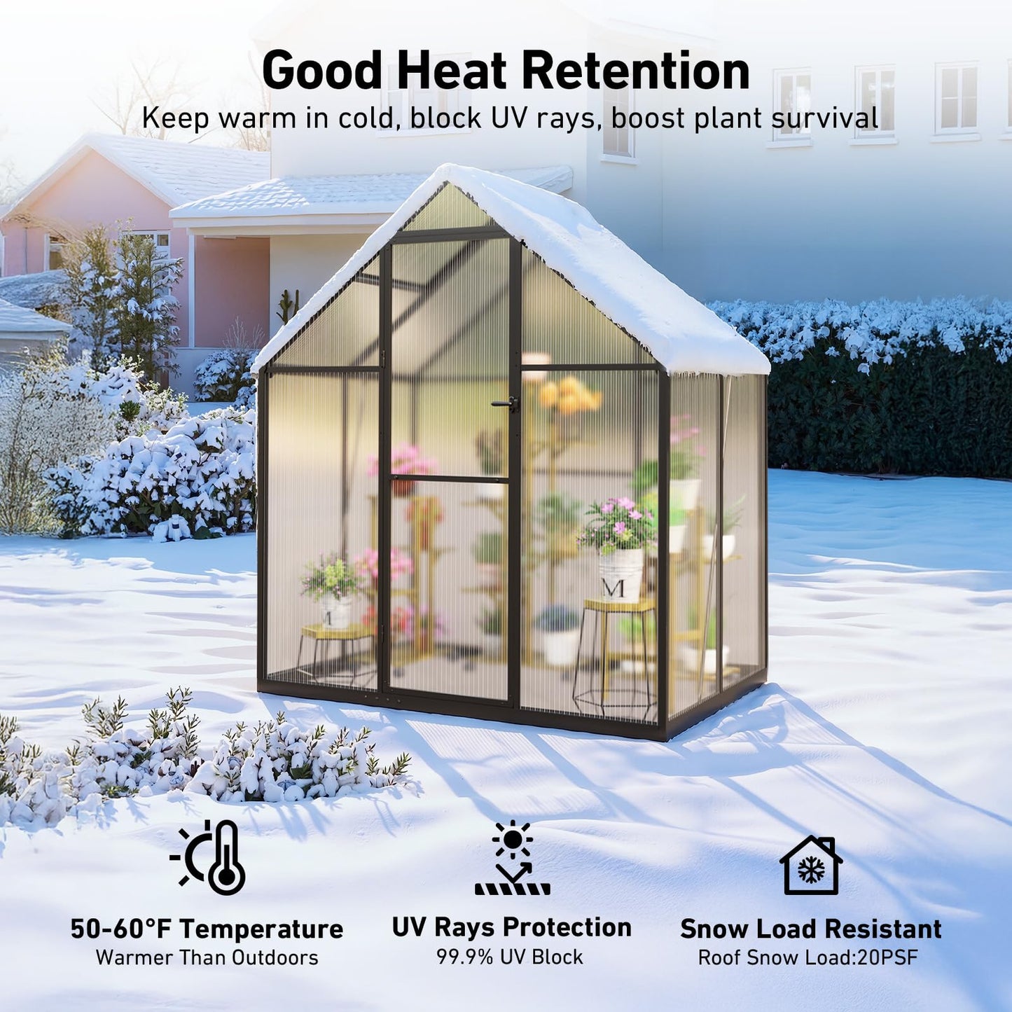 6x4FT Greenhouse with Hygrometer, Heavy Duty Aluminum Frame Polycarbonate Green House with Vent Window, Waterproof Windproof Warm Plant Greenhouses for Backyard Garden Vegetables Flowers Herbs Growing