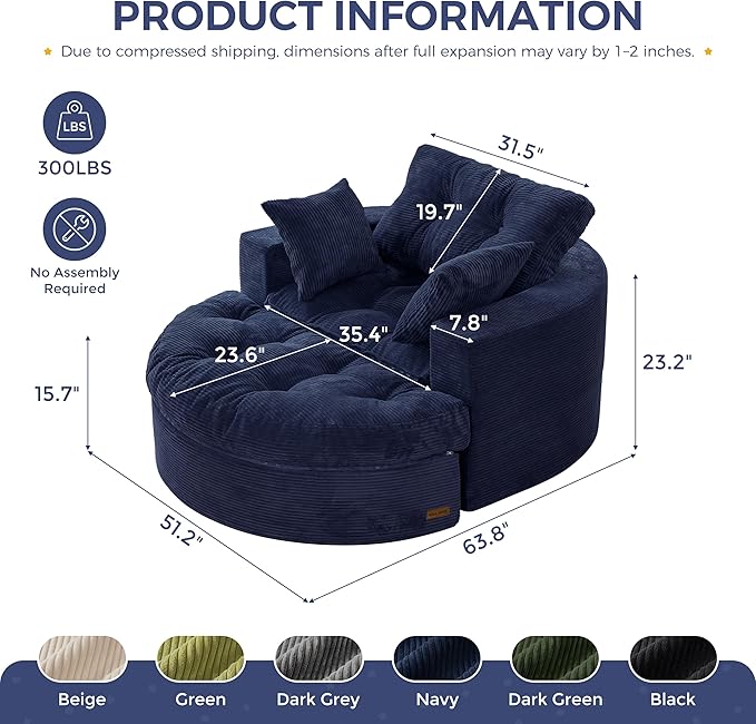 MAXYOYO Oversized Round Chaise Lounge Sofa, Upholstered Lounge Chair