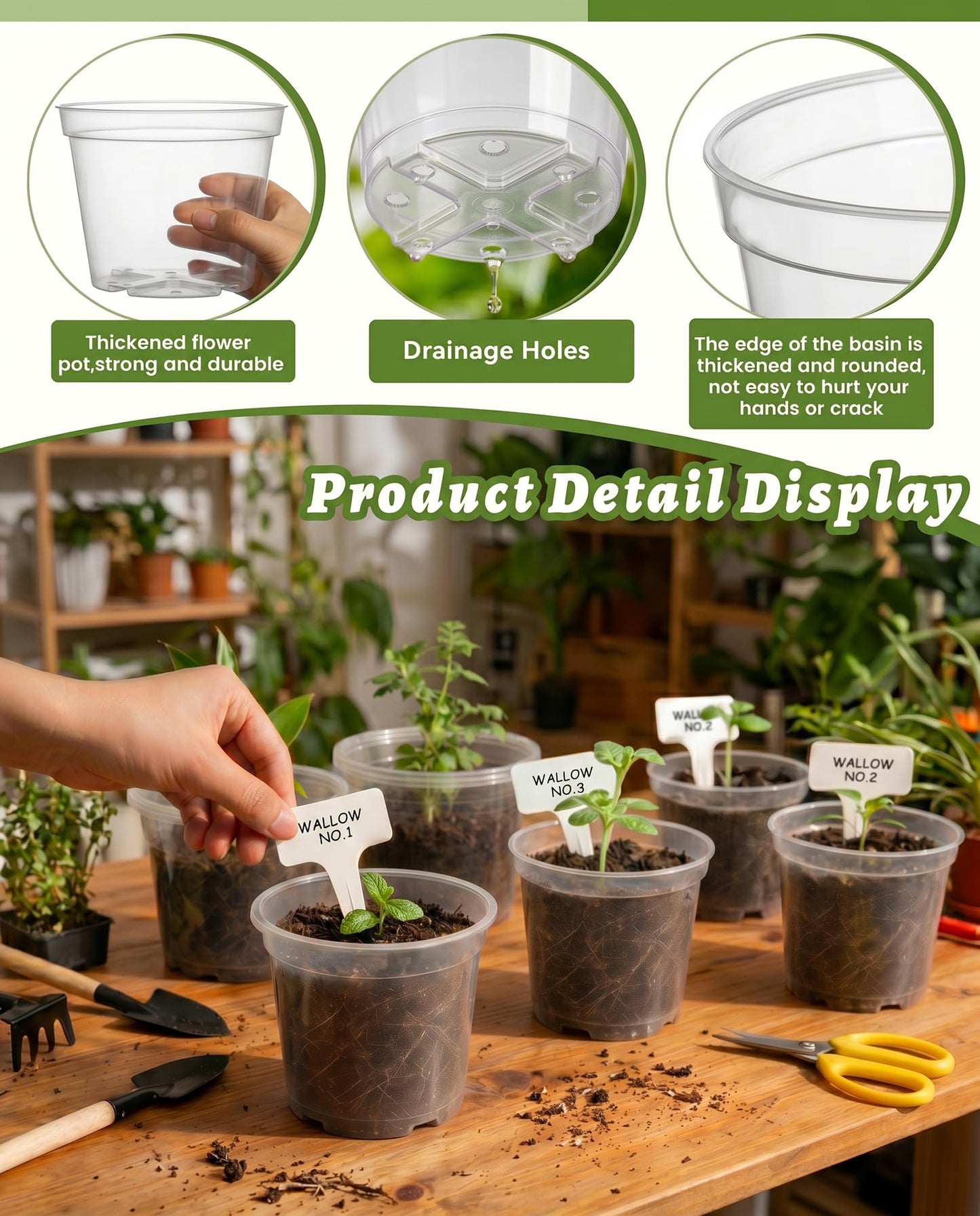 QTQIHANG 4/6/8/10 Inch Sizes Large Clear Nursery Pots with Drainage -16 Pack Plastic Plant Pots with Garden Tools & Labels, Seedling Pots for Transplanting Succulents Flowers Herb Vegetables