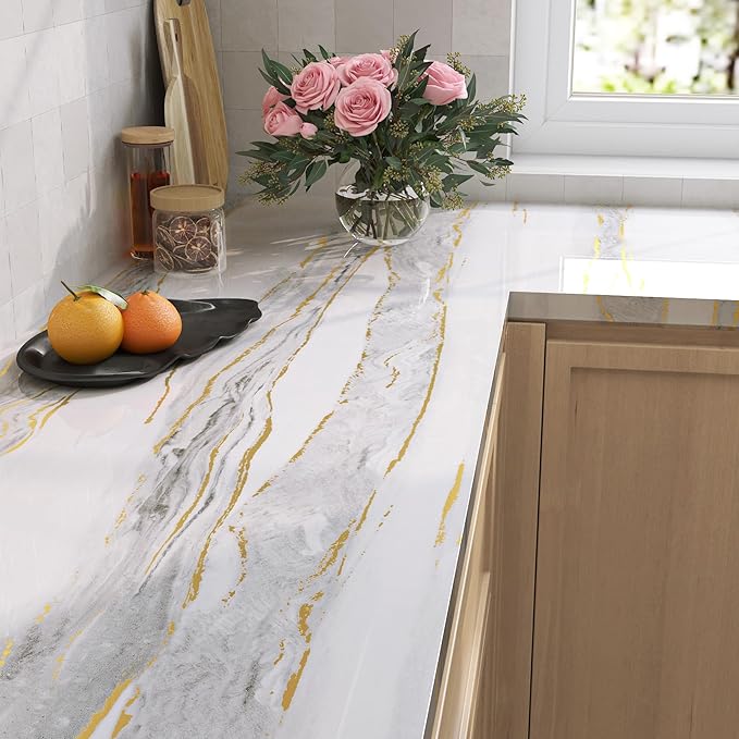 LaCheery Glossy Gold White Marble Contact Paper Waterproof 15.8"x275" Kitchen