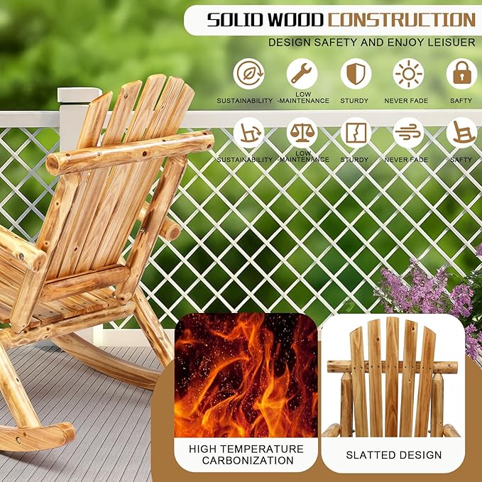 Outvita Wooden Rocking Chair, Fir Log Adirondack Rocker, Outdoor Wood Accent