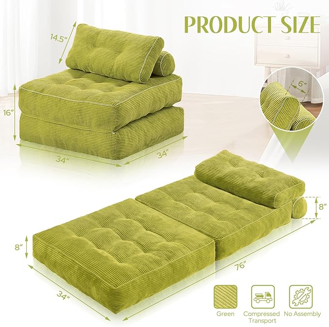 HABUTWAY Folding Sofa Bed, Convertible Sleeper Chair Bed w/Dual-Pillow & Handle