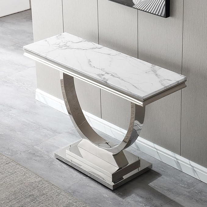 Henf 47" Marble Console Table Modern White Faux Marble Entryway Table