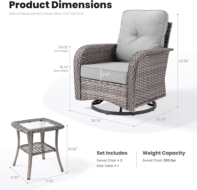 ovios 3-Piece Patio Furniture Set, Outdoor Wicker Sofa