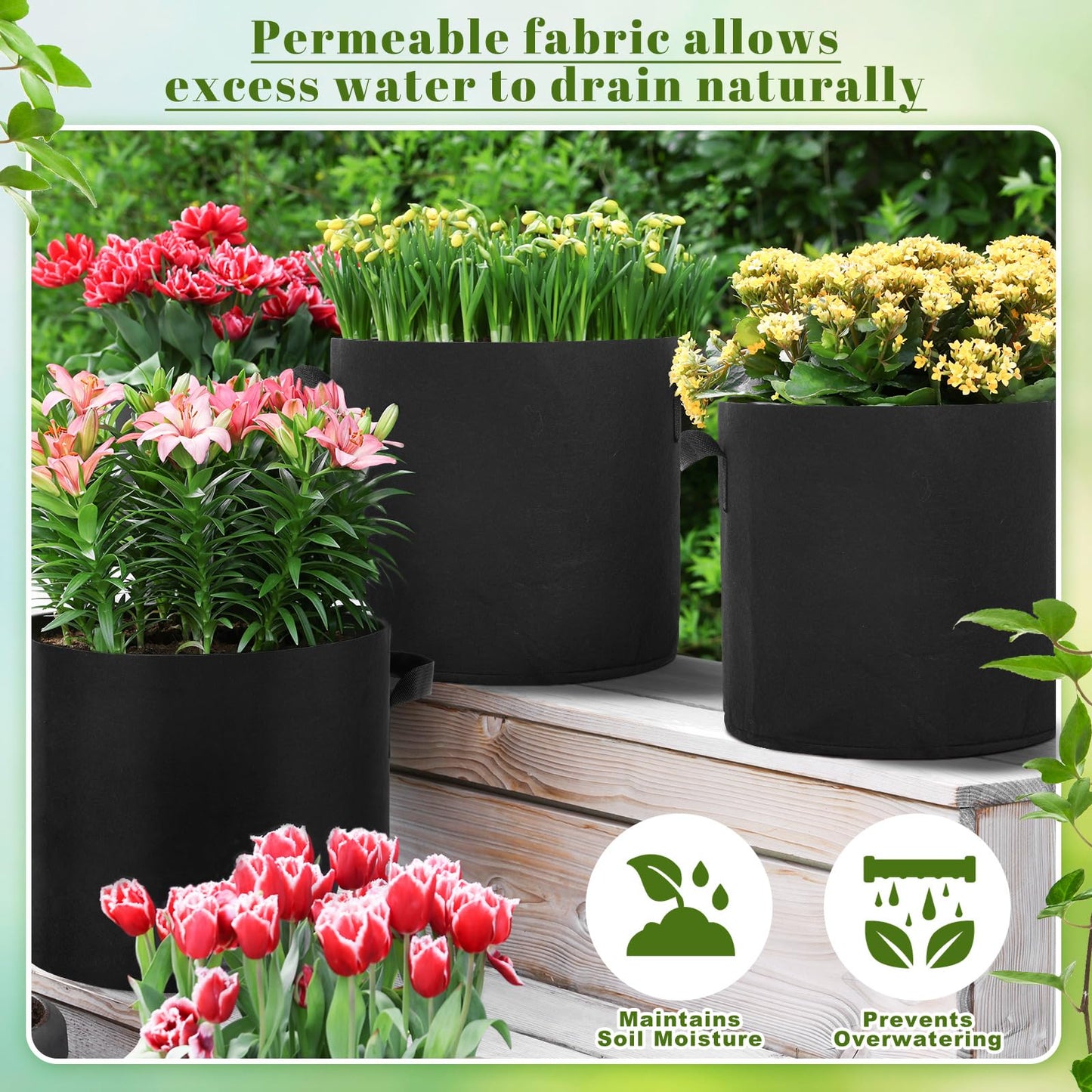 Wovnet 10 Pack Plant Grow Bags 15 Gallon 5 Gallon 3 Gallon Heavy Duty 300g Thickened Nonwoven Aeration Fabric Pots with Handles for Garden Indoor & Outdoor Planting, Moisture Retaining