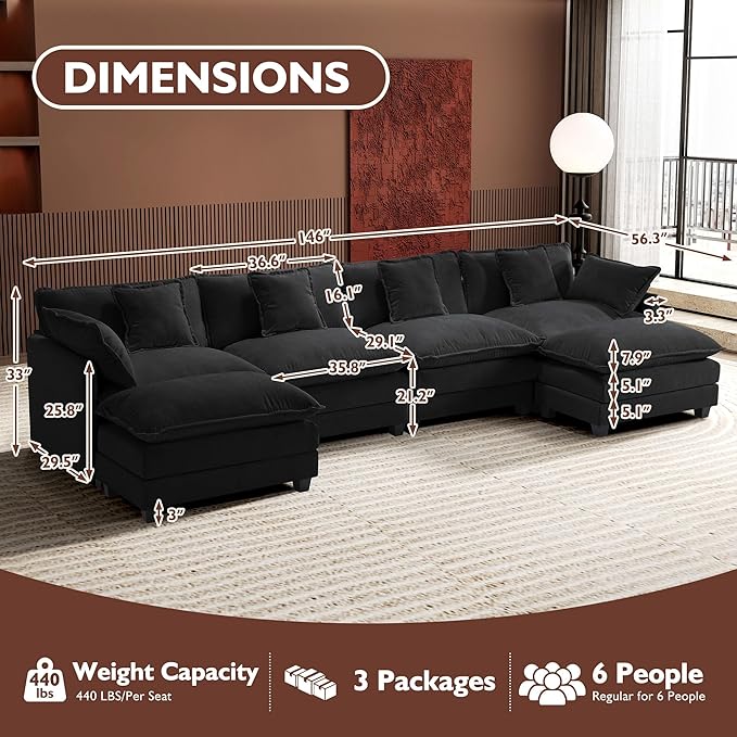 Ihanherry U-Shaped Modern Sofa 146" Modular Sectional Cloud Couch