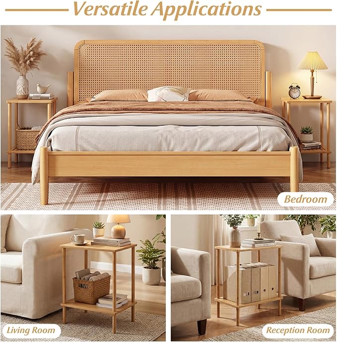 Giantex Bamboo Side Table Set of 2, 2-Tier Sofa End Bedside Table w/Storage