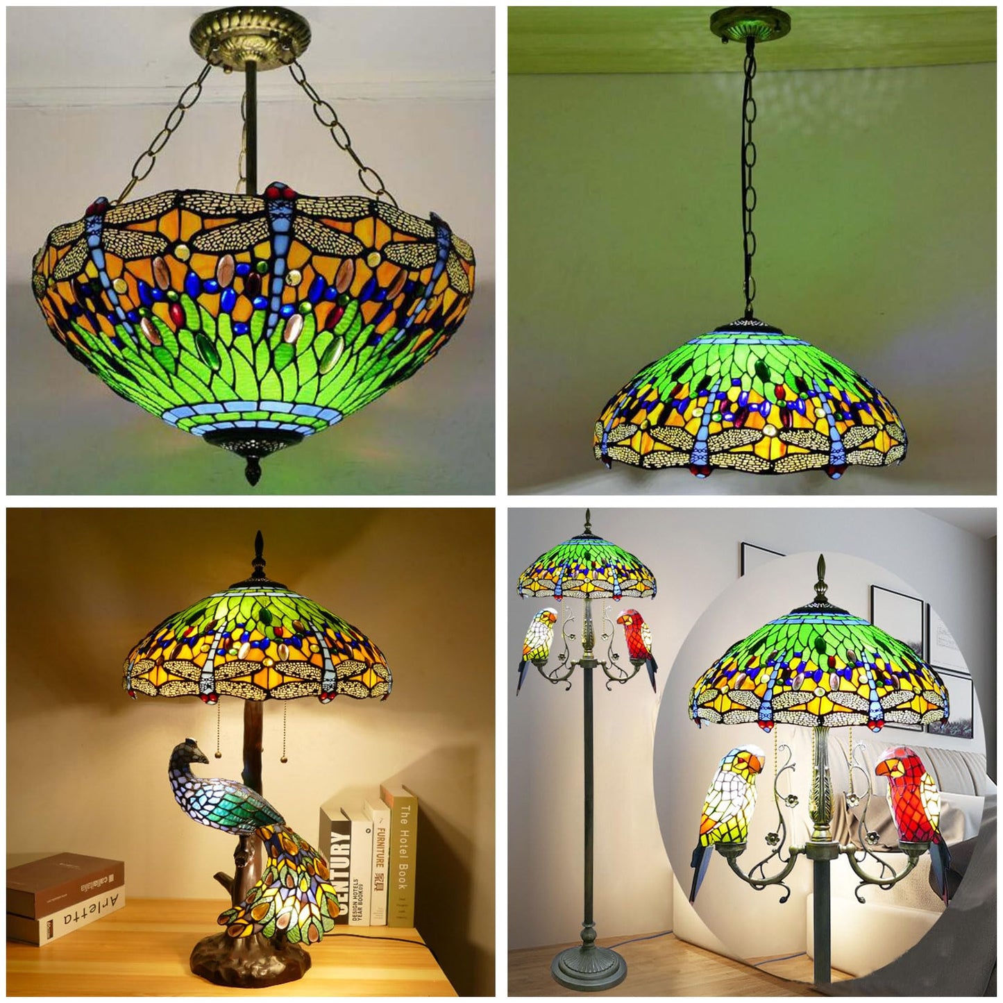 Errzom Dragonfly Lampshades Christmas Home Decor Green Blue Orange Lamp Shade Replacement Only 18 Inch Tiffany Style Stained Glass Table Lamp Pendant Light Floor Lamps Lampshade,Green